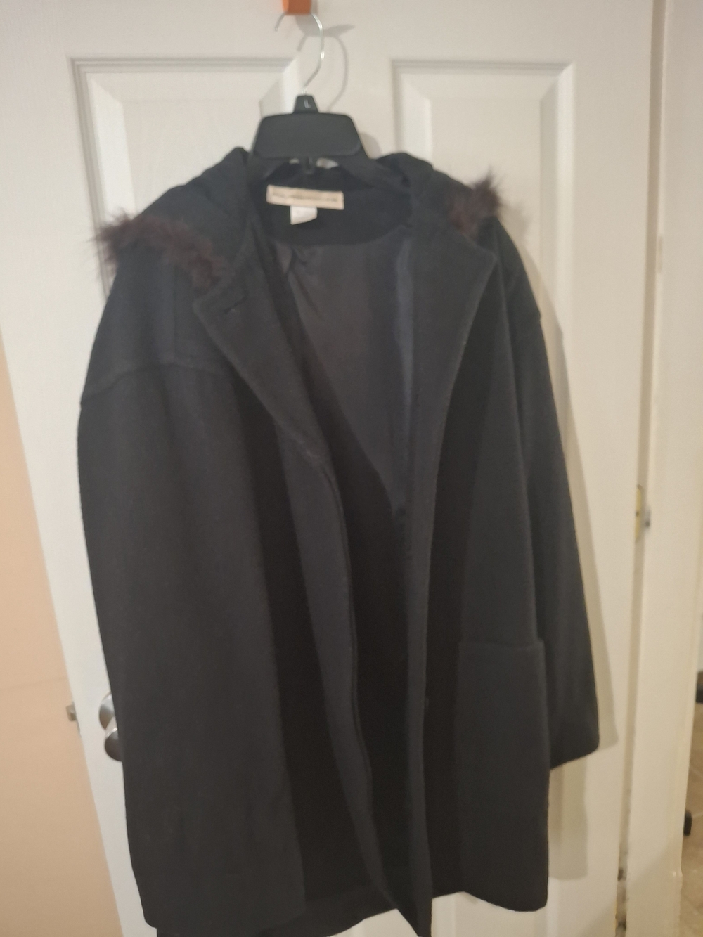 Women's Black Hooded Coat with Faux-Fur Trim